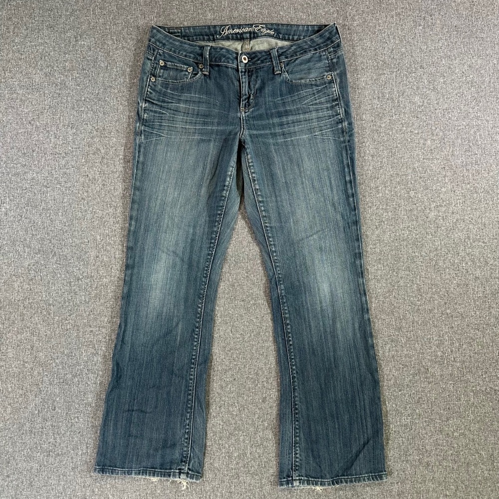 American Eagle Jeans Women 10 True Boot Blue Whiskered Stretch Distressed